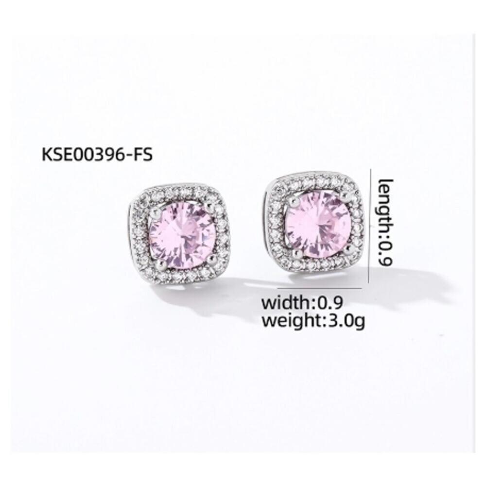 Pink Square thin halo Studs - silver - CZs - .9cm